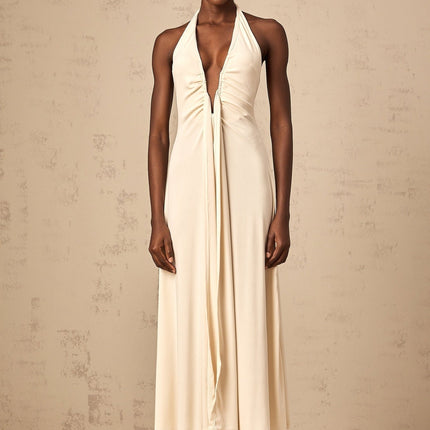 Emilia White Maxi Dress with V-neck and halterneck design, exquisite drape and ribbon detailing, ruched accents, made from premium Terylene fiber and Elastane