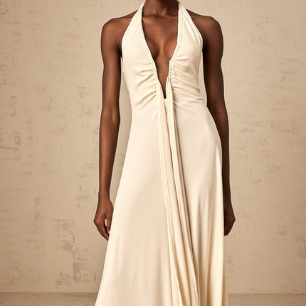 Emilia White Maxi Dress with Deep V-Neck and Halterneck Design