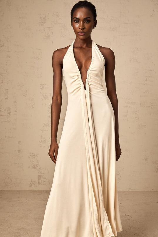 Emilia White Maxi Dress with Deep V-Neck and Halterneck Design