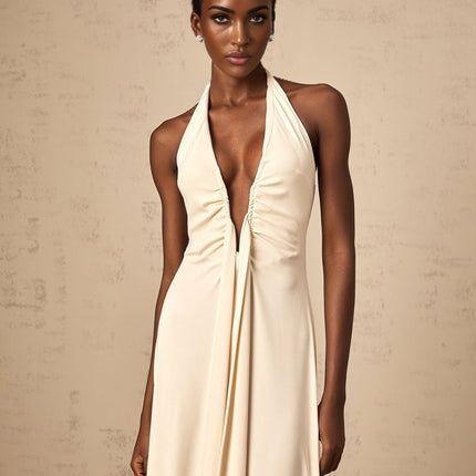 Emilia White Maxi Dress with Deep V-Neck and Halterneck Design