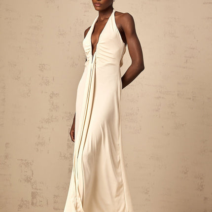 Emilia White Maxi Dress with Deep V-Neck and Halterneck Design
