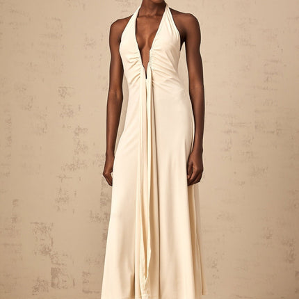 Emilia White Maxi Dress with Deep V-Neck and Halterneck Design