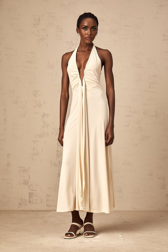 Emilia White Maxi Dress with Deep V-Neck and Halterneck Design