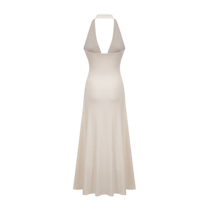 Emilia White Maxi Dress with Deep V-neck and Halterneck Design