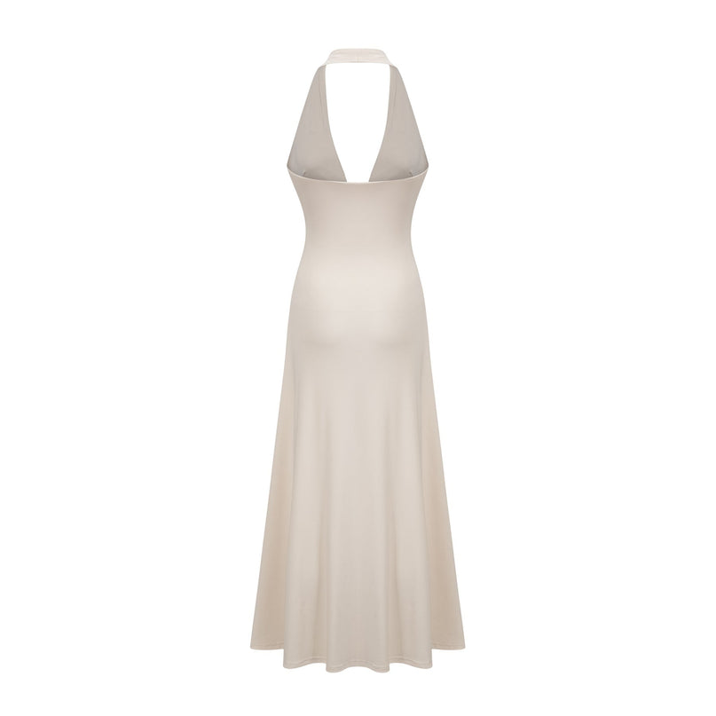 Emilia White Maxi Dress with Deep V-neck and Halterneck Design