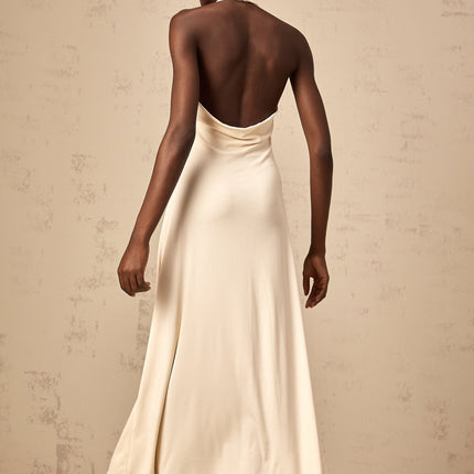 Emilia White Maxi Dress with V-neck and halterneck design