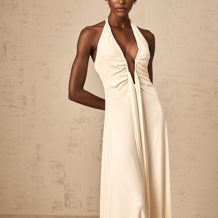 Emilia White Maxi Dress with V-neck and Halterneck Design