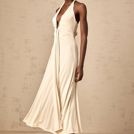 Emilia White Maxi Dress with V-neck and Halterneck Design