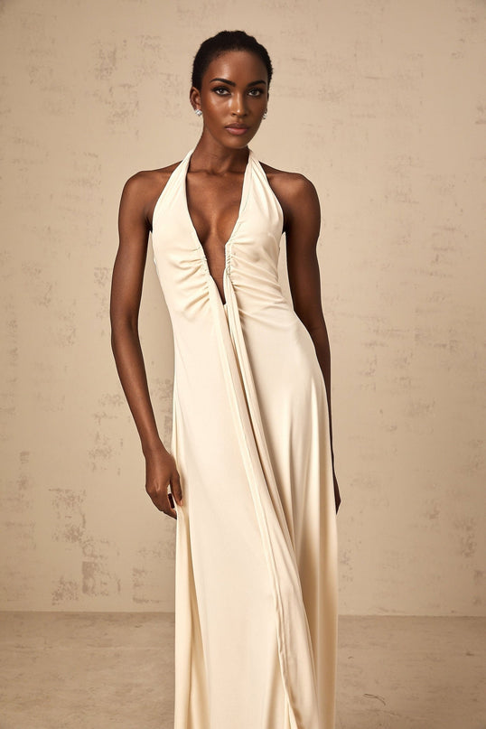 Emilia White Maxi Dress with Deep V-Neck and Halterneck Design