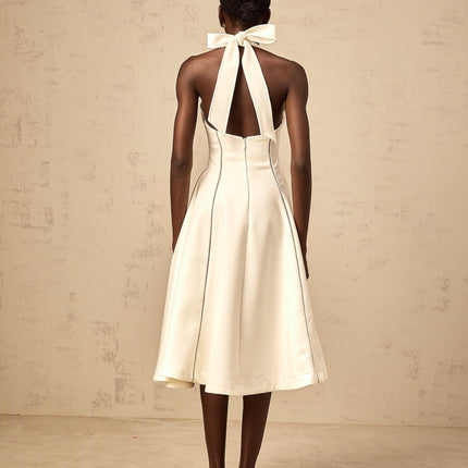 Emilia White Halterneck Bow Detail Pleated Flared Midi Dress