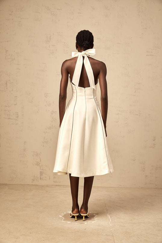 Emilia White Halterneck Bow Detail Pleated Flared Midi Dress
