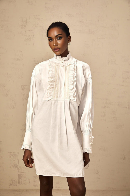 Emilia White Lace Trim Ruffled Mini Dress