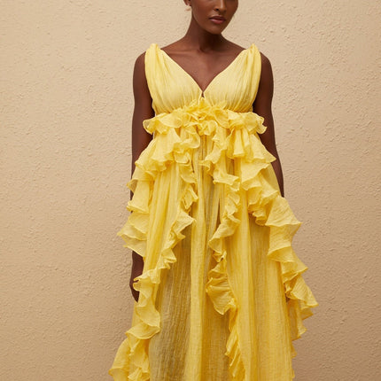 Emilia Yellow Maxi Dress V-neck Sleeveless Open Back Ruffled Detailing Layered Asymmetrical Hem Tassel Detail Terylene Fiber Glamour