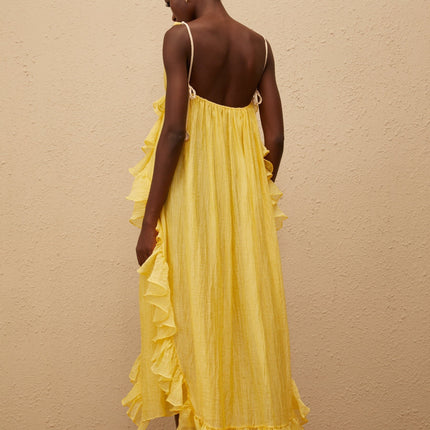 Emilia Yellow Maxi Dress V-neck Sleeveless Open Back Ruffled Layered Asymmetrical Hem Tassel Detail Terylene Fiber