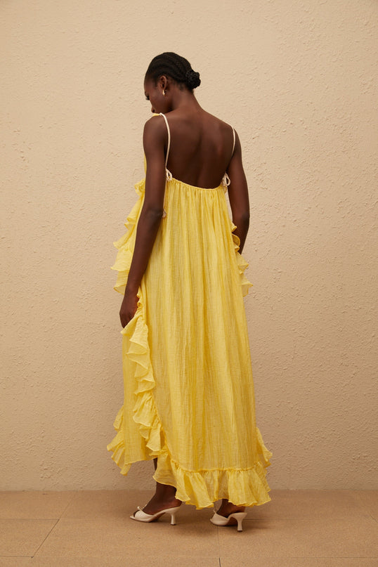 Emilia Yellow Maxi Dress V-neck Sleeveless Open Back Ruffled Layered Asymmetrical Hem Tassel Detail Terylene Fiber