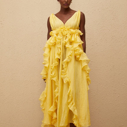 Emilia Yellow Maxi Dress with V-neck and open back in Terylene fiber