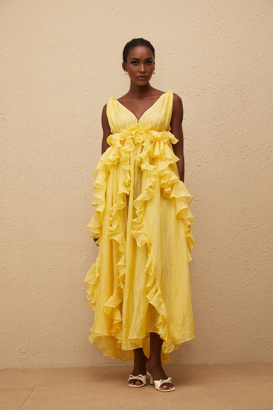 Emilia Yellow Maxi Dress with V-neck and open back in Terylene fiber