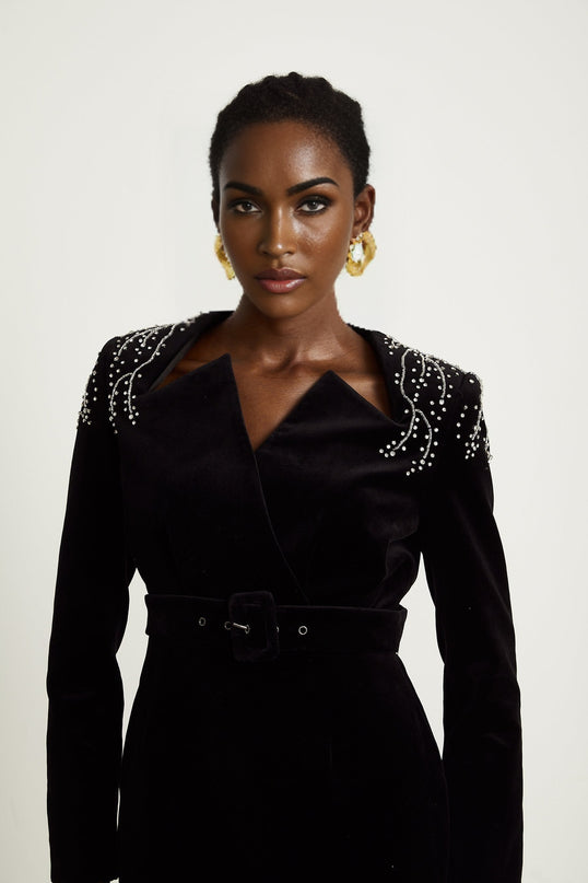 Émilie black crystalembellished velvet mini dress