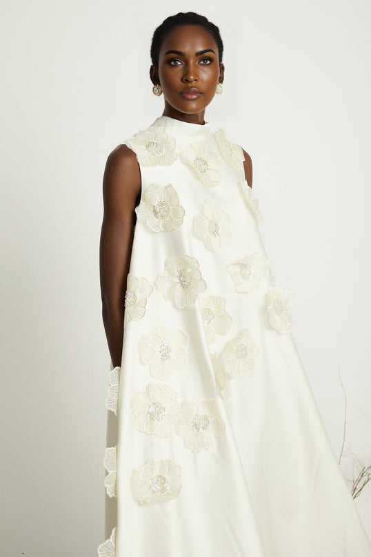 Émilie sleeveless floralapplique midi dress in White