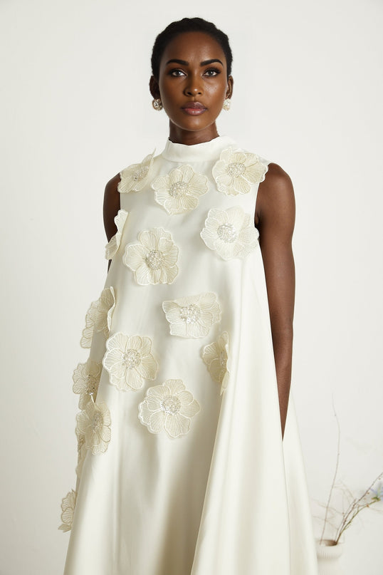 Émilie sleeveless floralapplique midi dress in White