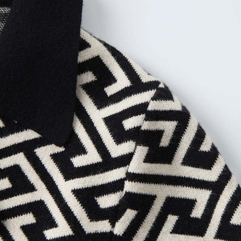 Emily Black Geometric Knit Cardigan Sweater V-Neck Double-Breasted Decorative Buttons Breathable Anti-Wrinkle Standard Thickness Fall Chic Computer-Knitted Versatile Must-Have Fashion-Forward Elegance Modern Charm