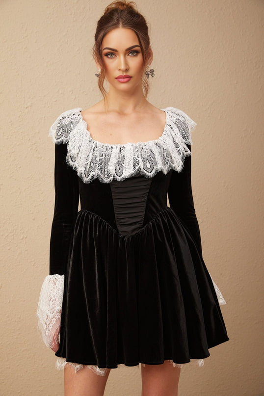 Emily Black and White Color Blocked Mini Dress with Velvet Trim and Lace Details