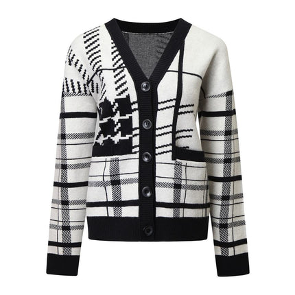 Emily wearing black and white plaid cardigan sweater with V-neckline and full sleeves