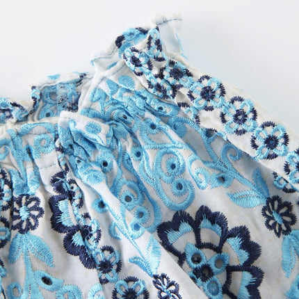 Emily Blue Floral Embroidered Blouse Round Neckline 100% Cotton Poplin 140g