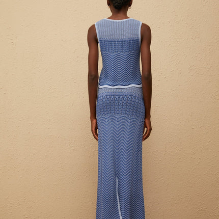 Emily wearing Blue Wavy Crochet Knit Top Skirt Co-ord