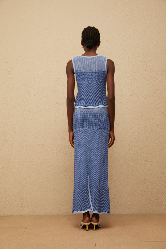 Emily wearing Blue Wavy Crochet Knit Top Skirt Co-ord