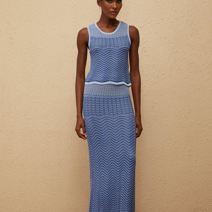 Emily wearing Graphique Blue Wavy Crochet Knit Top & Skirt Co-ord