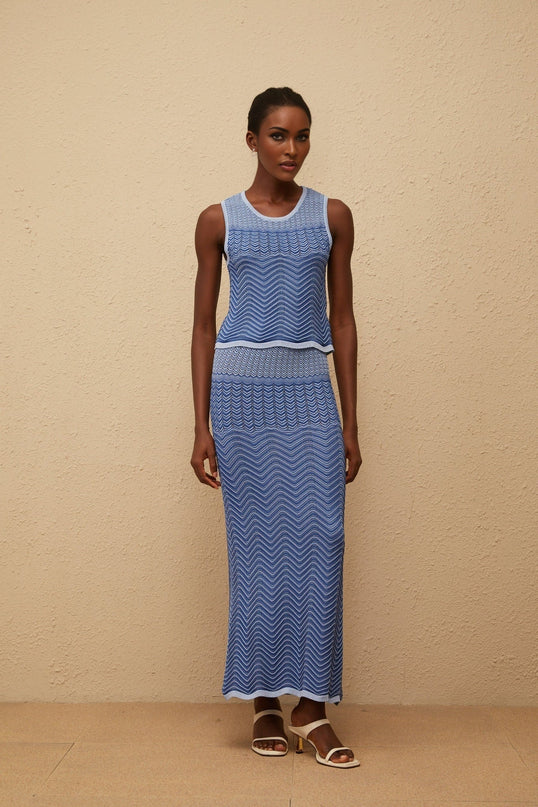 Emily wearing Graphique Blue Wavy Crochet Knit Top & Skirt Co-ord