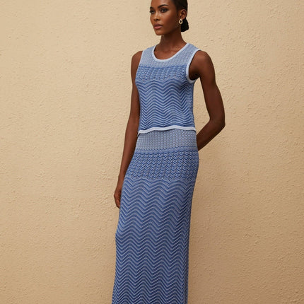 Emily wearing Graphique Blue Wavy Crochet Knit Top & Skirt Co-ord