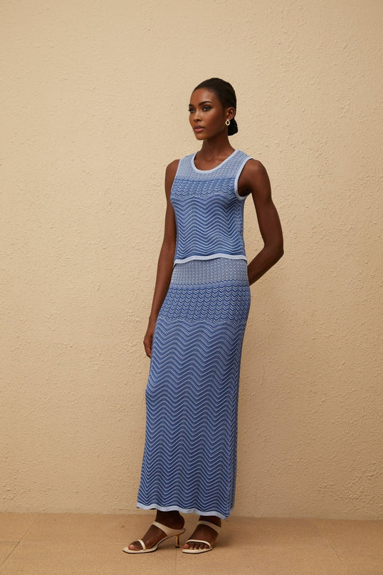 Emily wearing Graphique Blue Wavy Crochet Knit Top & Skirt Co-ord