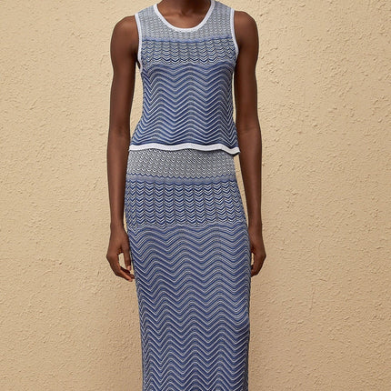 Emily wearing Graphique Blue Wavy Crochet Knit Top & Skirt Co-ord