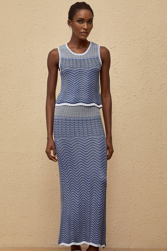 Emily wearing Graphique Blue Wavy Crochet Knit Top & Skirt Co-ord