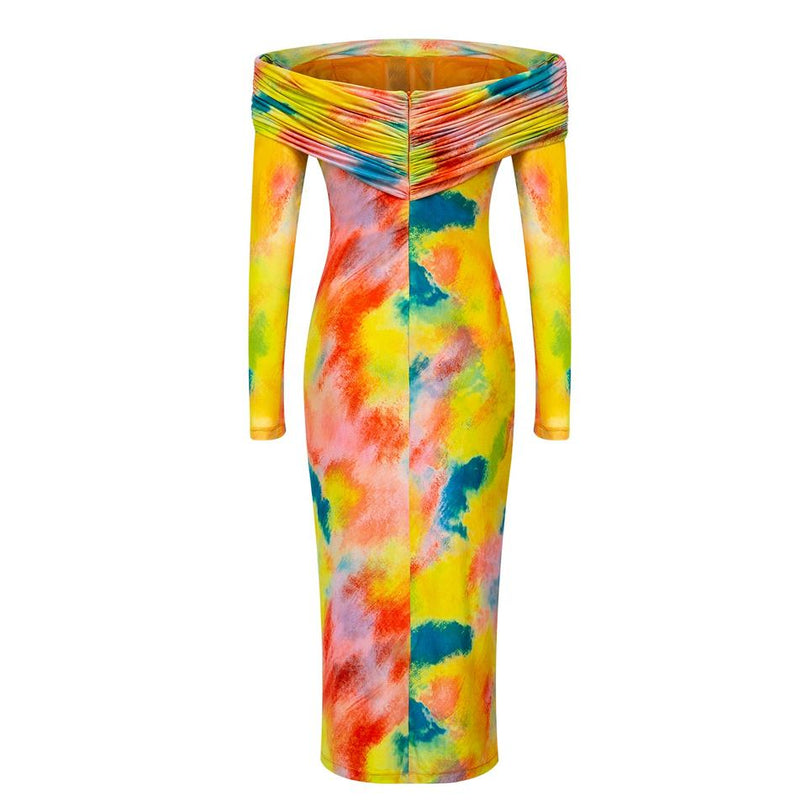 Emily wearing Yellow Off Shoulder Long Sleeve Tie Dye Bodycon Dress for club nights and parties