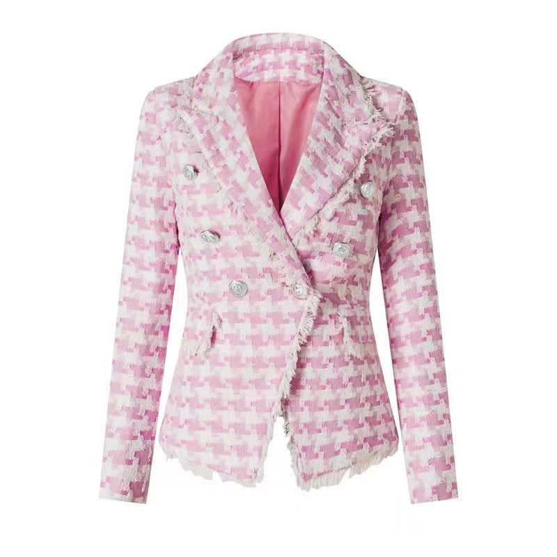 Pink houndstooth double-breasted blazer with silver buttons paired with matching high-waisted shorts