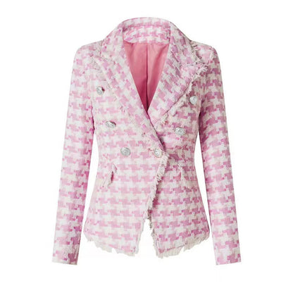 Pink houndstooth double-breasted blazer with silver buttons paired with matching high-waisted shorts