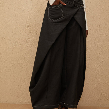 Emma Black Deconstructed Baggy Jeans premium denim wide-leg deconstructed design contrast stitching multi-pocket detail belt loops off-center front button zip fastening long-length modern twist classic silhouette 100% Cotton style comfort versatile luxurious jeans