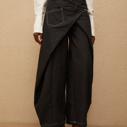 Emma Black Deconstructed Baggy Jeans in Premium Denim with Contrast Stitching and Multi-Pocket Detail