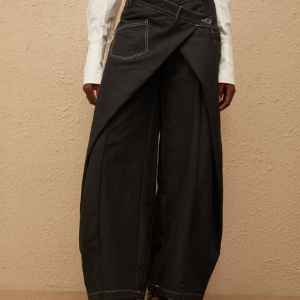 Emma Black Deconstructed Baggy Jeans in Premium Denim with Contrast Stitching and Multi-Pocket Detail