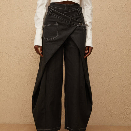 Emma Black Deconstructed Baggy Jeans in Premium Denim Wide Leg Contrast Stitching Multi-Pocket Detail Belt Loops Off-Center Button Zip Fastening 100% Cotton