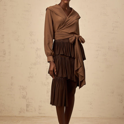 Emma wearing Brown Liora Pleated Tiered Mini Skirt