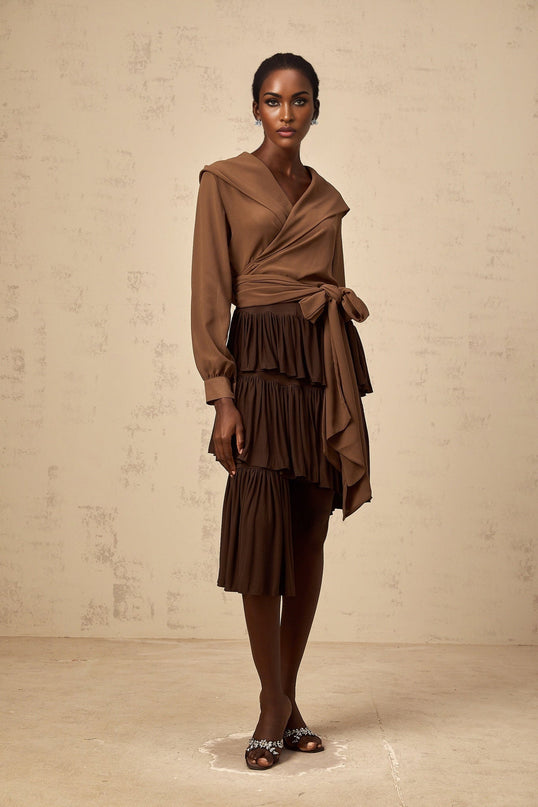 Emma wearing Brown Liora Pleated Tiered Mini Skirt