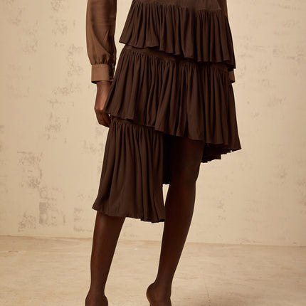 Emma wearing Brown Pleated Tiered Mini Skirt