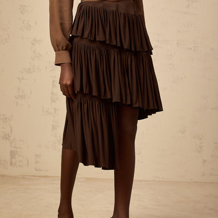 Emma wearing Brown Pleated Tiered Mini Skirt