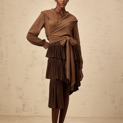 Emma wearing Brown Pleated Tiered Mini Skirt with Asymmetrical Hem and Draped Detailing