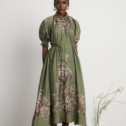 Emma Floral Midi Dress Green Linen Puff Sleeve Mock Neck Belted Elegant Sophisticated Vibrant Floral Pattern Button Fastening Midi Length