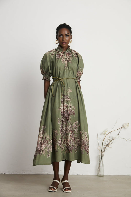 Emma Floral Midi Dress Green Linen Puff Sleeve Mock Neck Belted Elegant Sophisticated Vibrant Floral Pattern Button Fastening Midi Length